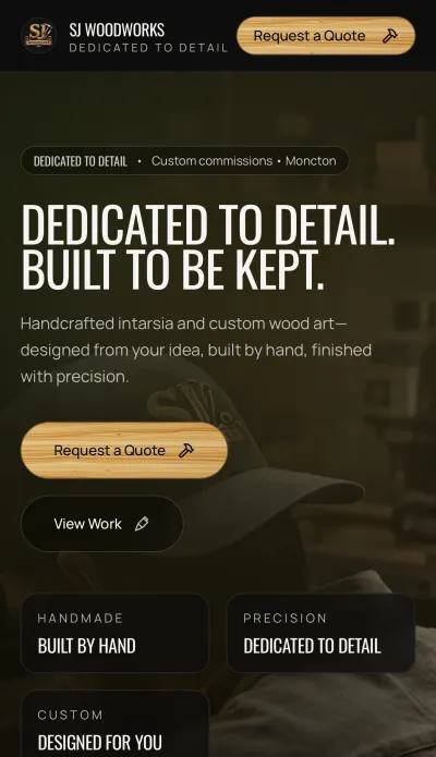 SJ Woodworks custom furniture website - responsive mobile view